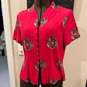 Elegant Vintage Women's Top with Chinese Medallions and Knot Button Detail